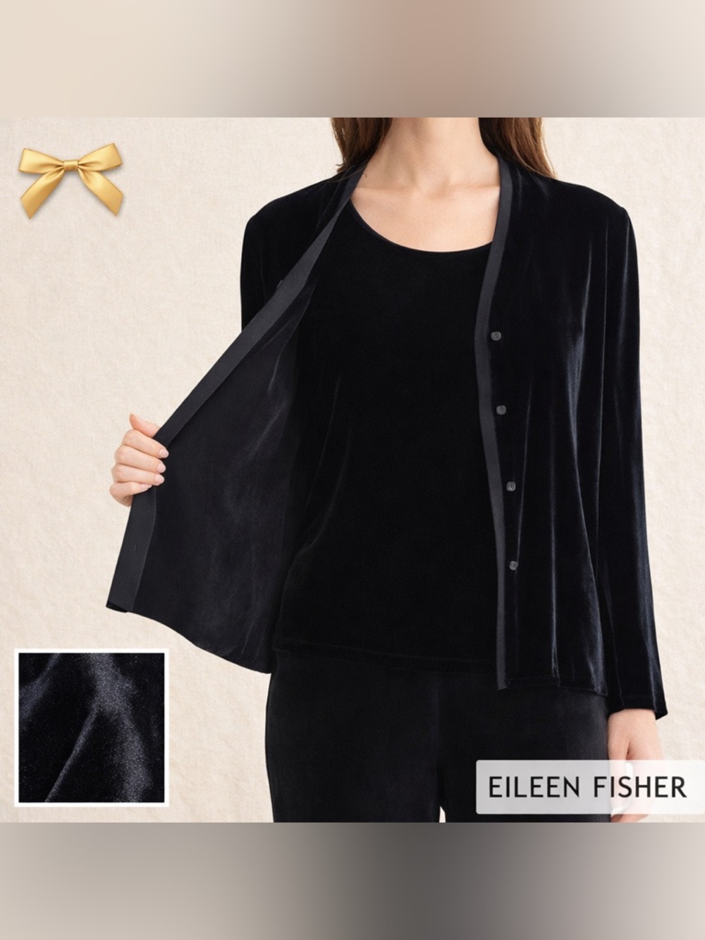 Eileen Fisher Black Velvet Silk Blend Cardigan Tank Set Size Large